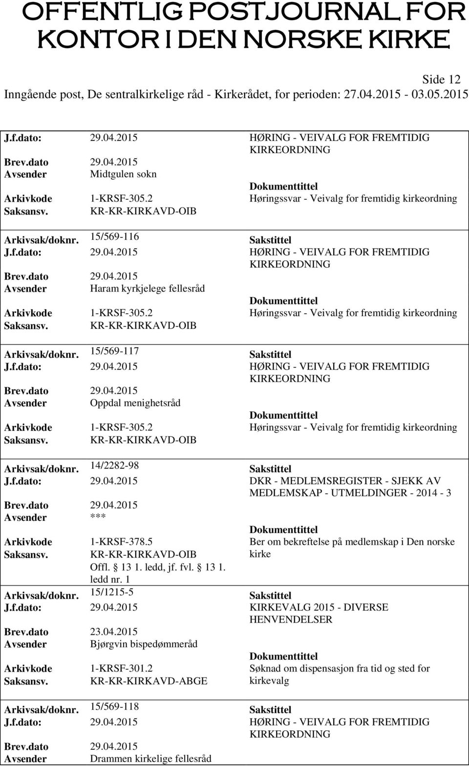 2015 DKR - MEDLEMSREGISTER - SJEKK AV MEDLEMSKAP - UTMELDINGER - 2014-3 Arkivkode 1-KRSF-378.5 Ber om bekreftelse på medlemskap i Den norske kirke Arkivsak/doknr.