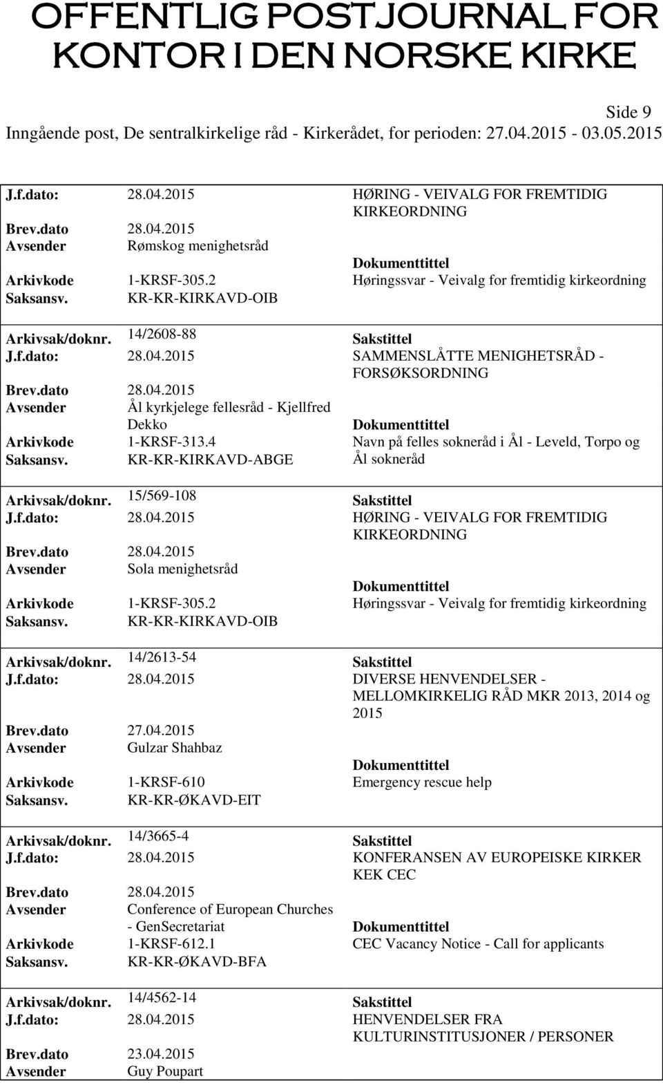 2015 HØRING - VEIVALG FOR FREMTIDIG Avsender Sola menighetsråd Arkivsak/doknr. 14/2613-54 Sakstittel J.f.dato: 28.04.