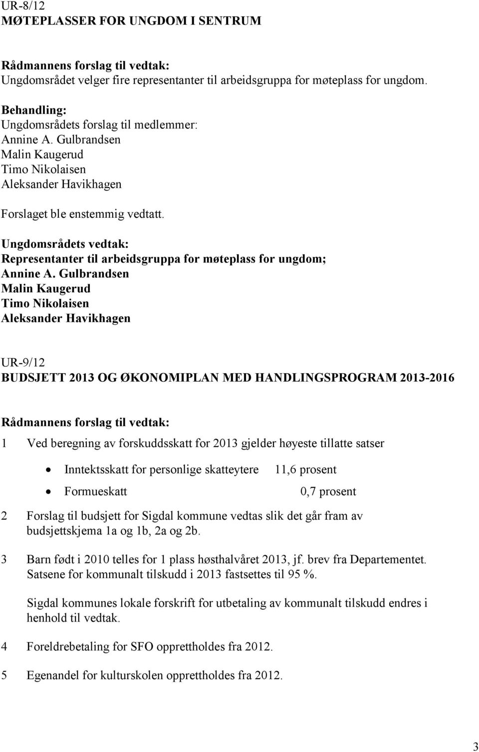 Ungdomsrådets vedtak: Representanter til arbeidsgruppa for møteplass for ungdom; Malin Kaugerud Timo Nikolaisen Aleksander Havikhagen UR-9/12 BUDSJETT 2013 OG ØKONOMIPLAN MED HANDLINGSPROGRAM