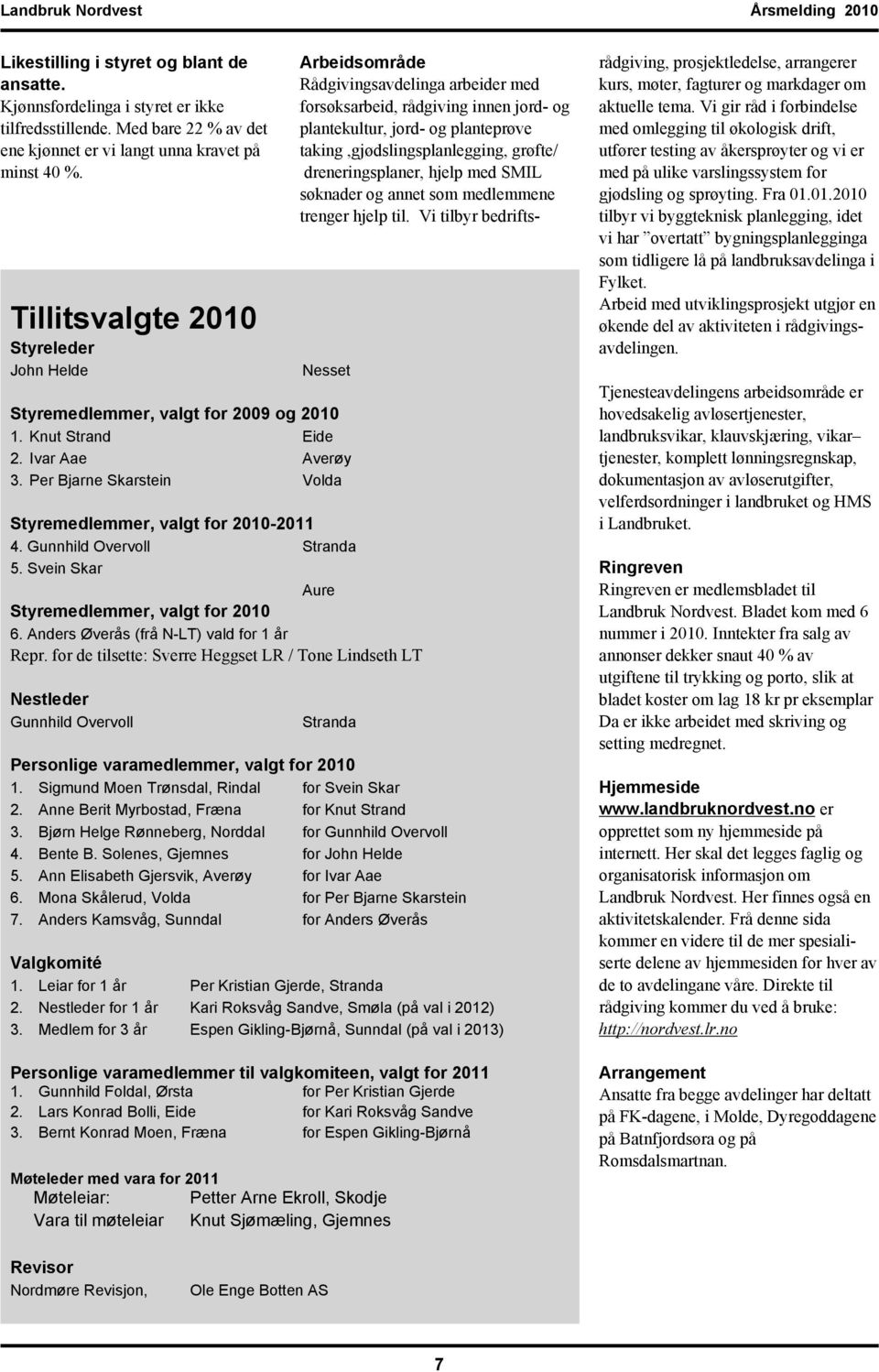 grøfte/ dreneringsplaner, hjelp med SMIL søknader og annet som medlemmene trenger hjelp til. Vi tilbyr bedrifts- Nesset Styremedlemmer, valgt for 2009 og 2010 1. Knut Strand Eide 2. Ivar Aae Averøy 3.