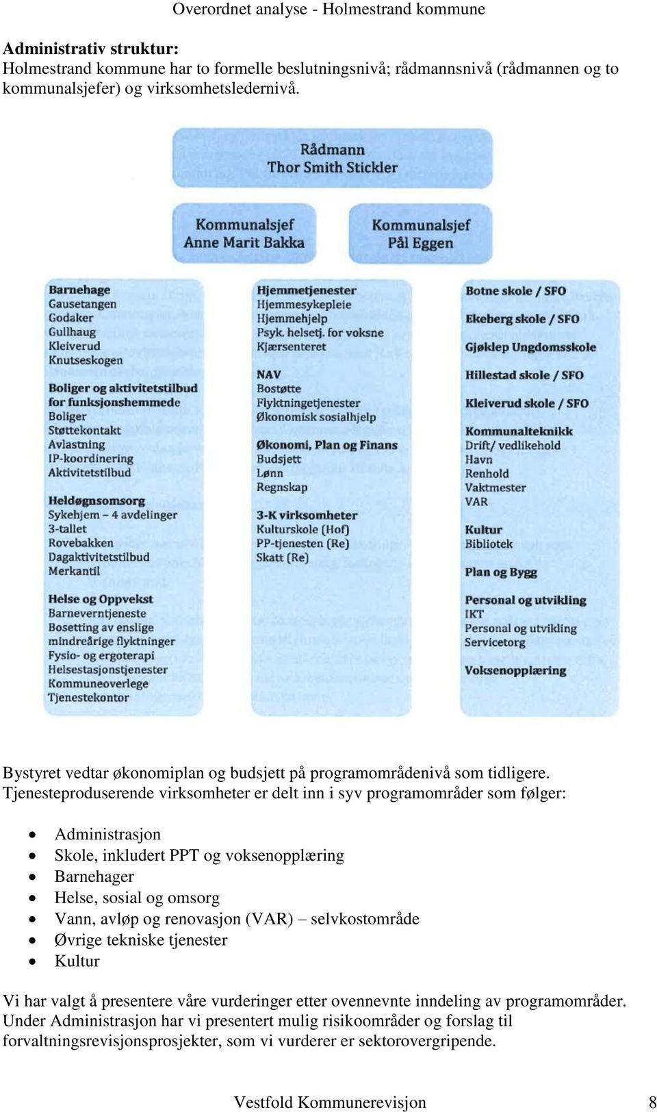 Tjenesteproduserende virksomheter er delt inn i syv programområder som følger: Administrasjon Skole, inkludert PPT og voksenopplæring Barnehager Helse, sosial og omsorg Vann, avløp og