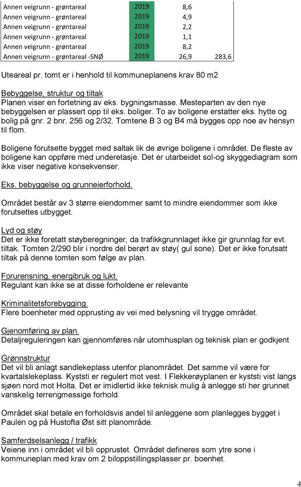 Mesteparten av den nye bebyggelsen er plassert opp til eks. boliger. To av boligene erstatter eks. hytte og bolig på gnr. 2 bnr. 256 og 2/32. Tomtene B 3 og B4 må bygges opp noe av hensyn til flom.