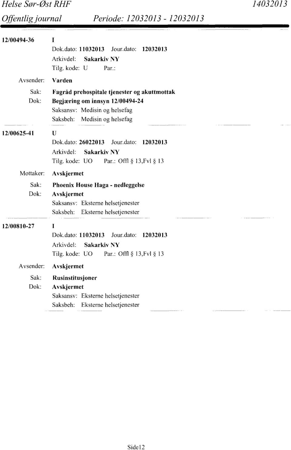 Saksbeh: Medisin og helsefag 12/00625-41 Mottaker: Sak: Dok: 12/00810-27 Sak: Dok: Dok.dato: 26022013 Jour.dato: 12032013 Tilg. kode: U0 Par.