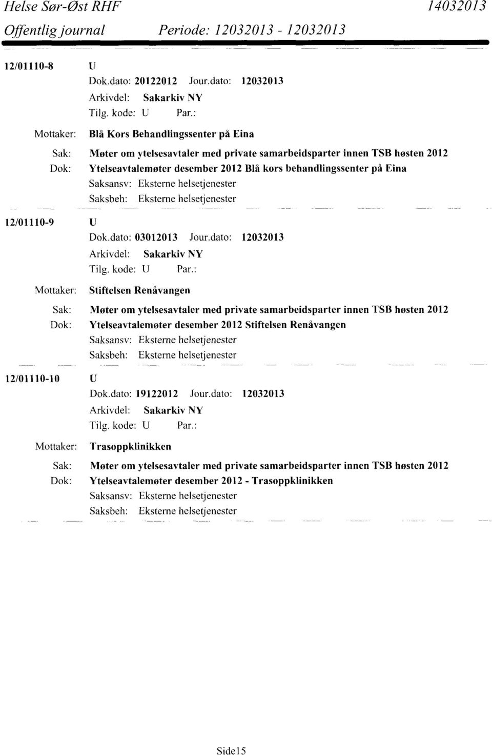 2012 Blå kors behandlingssenter på Eina 12/01110-9 Dok.dato: 03012013 Jour.