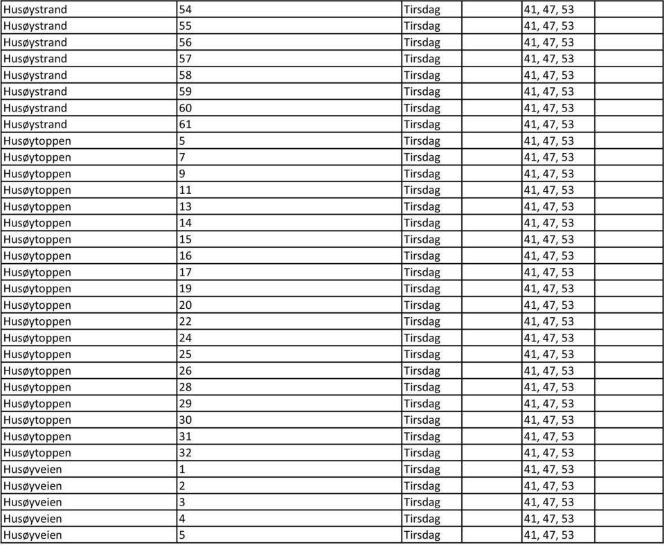 41, 47, 53 Husøytoppen 13 Tirsdag 41, 47, 53 Husøytoppen 14 Tirsdag 41, 47, 53 Husøytoppen 15 Tirsdag 41, 47, 53 Husøytoppen 16 Tirsdag 41, 47, 53 Husøytoppen 17 Tirsdag 41, 47, 53 Husøytoppen 19