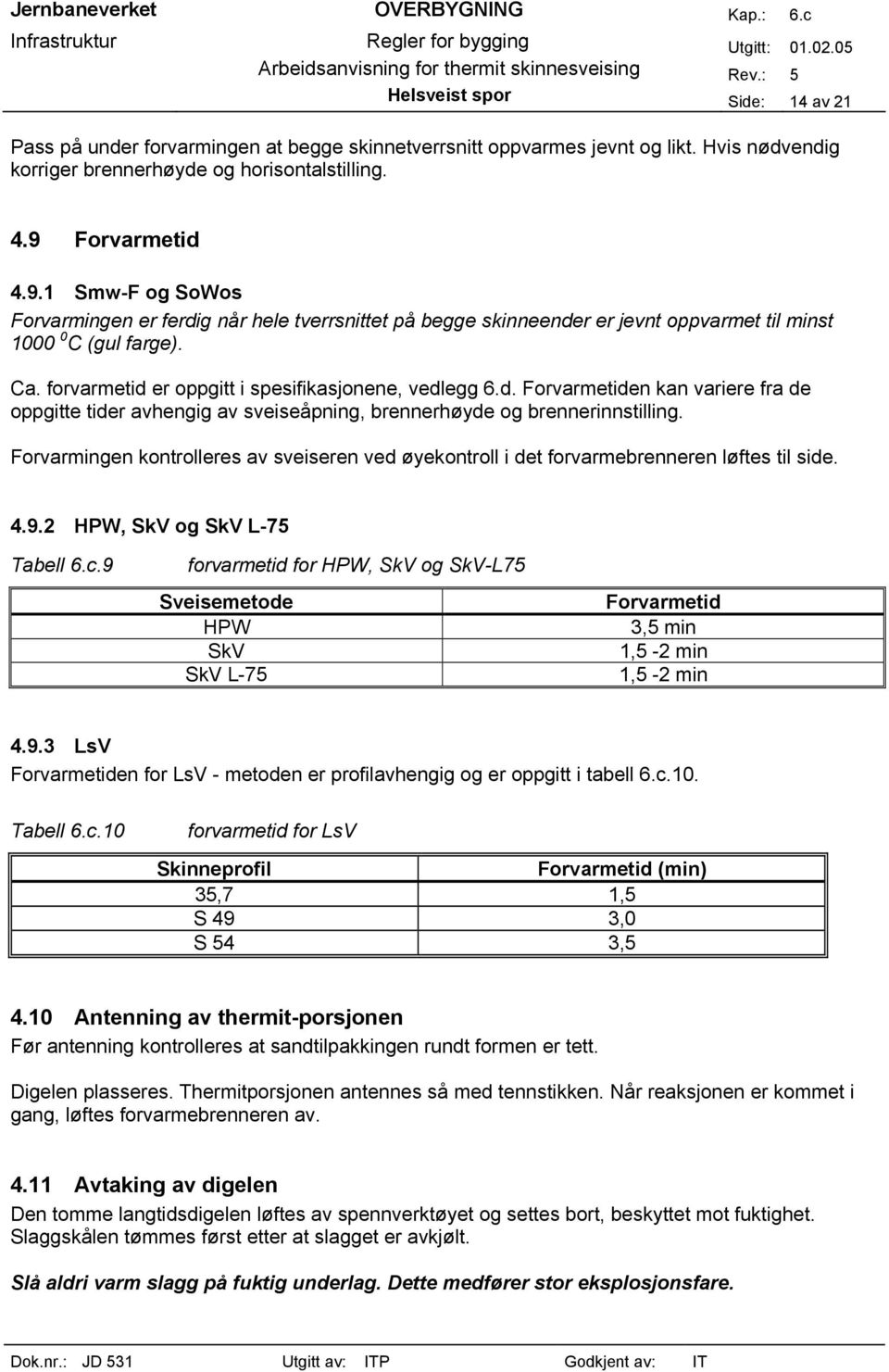 forvarmetid er oppgitt i spesifikasjonene, vedlegg 6.d. Forvarmetiden kan variere fra de oppgitte tider avhengig av sveiseåpning, brennerhøyde og brennerinnstilling.