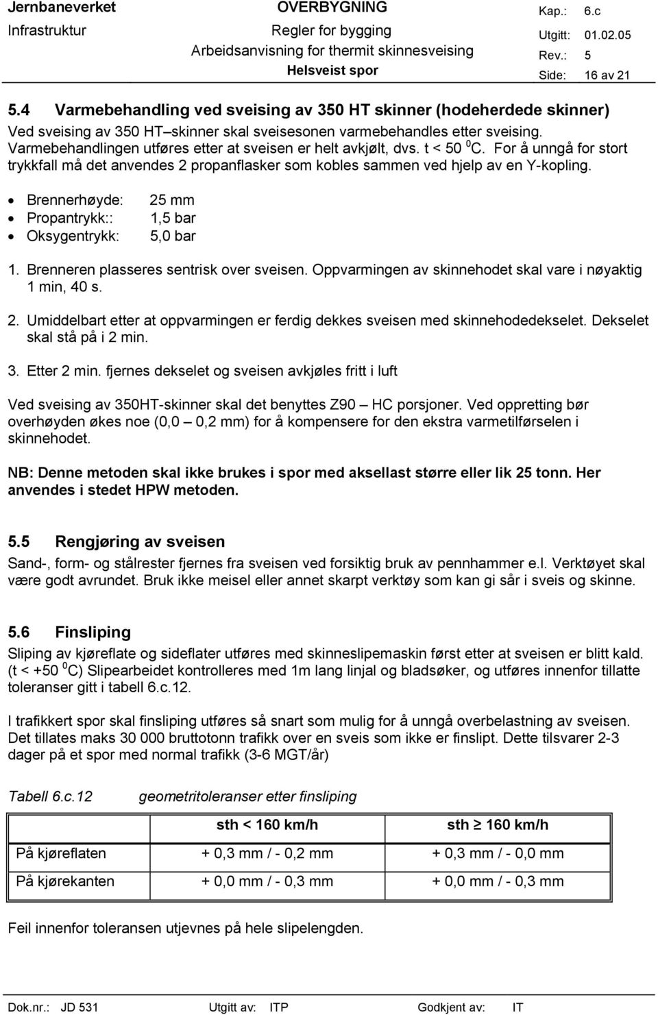 Brennerhøyde: Propantrykk:: Oksygentrykk: 25 mm 1,5 bar 5,0 bar 1. Brenneren plasseres sentrisk over sveisen. Oppvarmingen av skinnehodet skal vare i nøyaktig 1 min, 40 s. 2. Umiddelbart etter at oppvarmingen er ferdig dekkes sveisen med skinnehodedekselet.