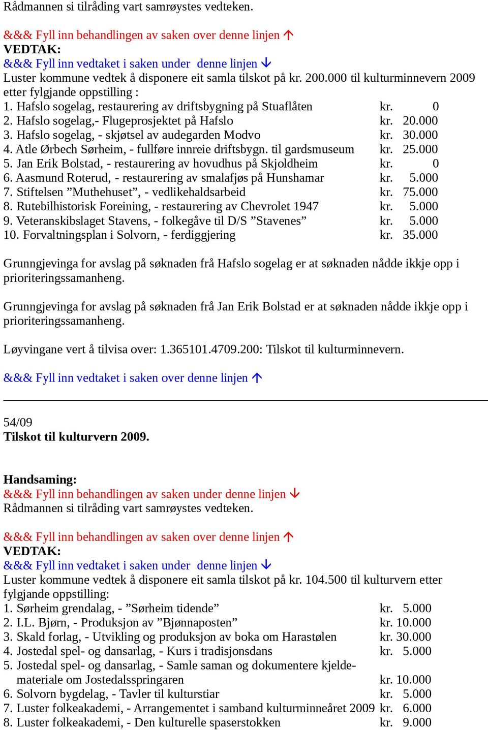 Jan Erik Bolstad, - restaurering av hovudhus på Skjoldheim kr. 0 6. Aasmund Roterud, - restaurering av smalafjøs på Hunshamar kr. 5.000 7. Stiftelsen Muthehuset, - vedlikehaldsarbeid kr. 75.000 8.