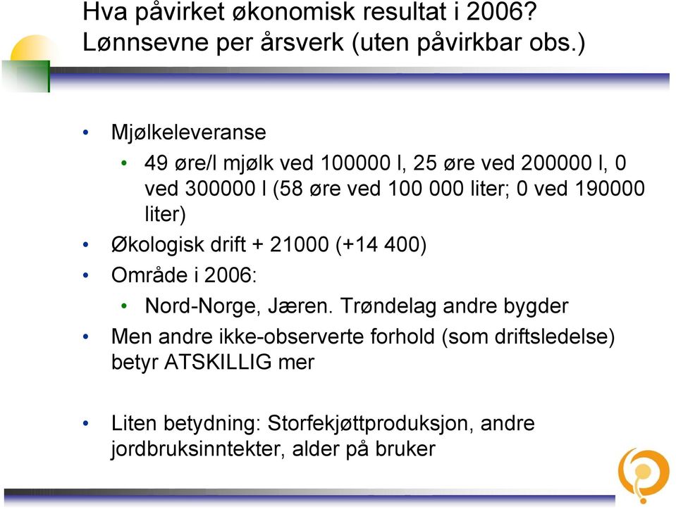 ved 190000 liter) Økologisk drift + 21000 (+14 400) Område i 2006: Nord-Norge, Jæren.