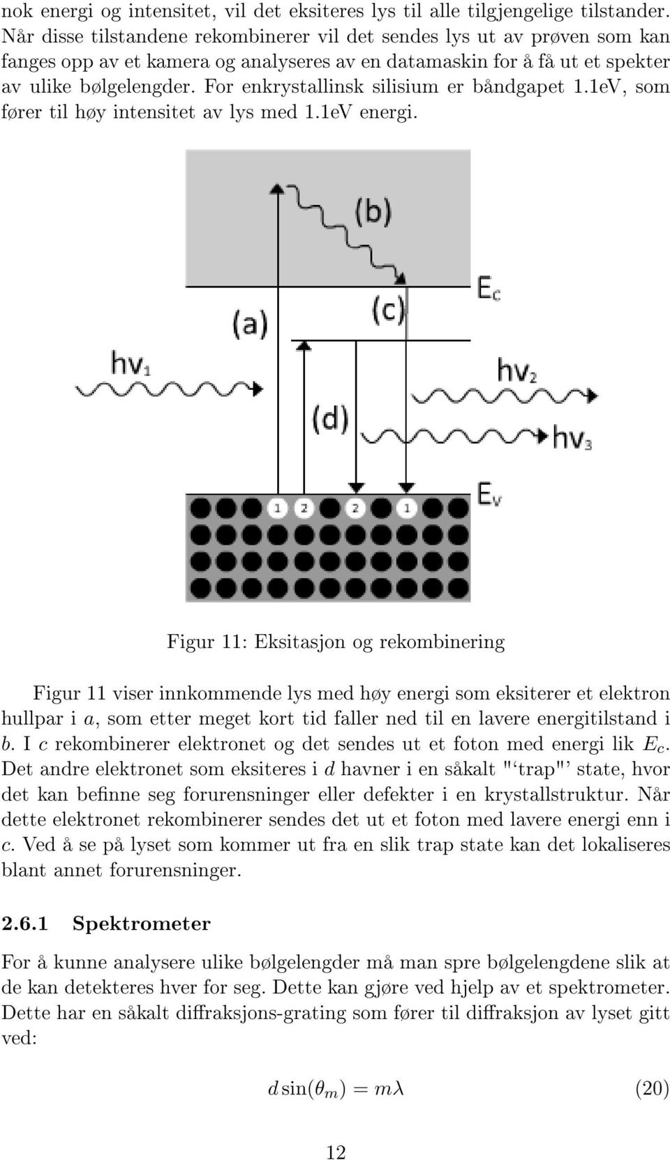 For enkrystallinsk silisium er båndgapet 1.1eV, som fører til høy intensitet av lys med 1.1eV energi.