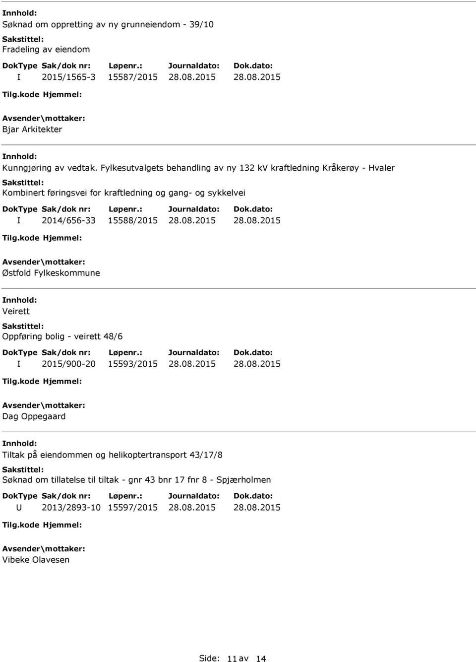 2014/656-33 15588/2015 Østfold Fylkeskommune Veirett Oppføring bolig - veirett 48/6 2015/900-20 15593/2015 Dag Oppegaard Tiltak på