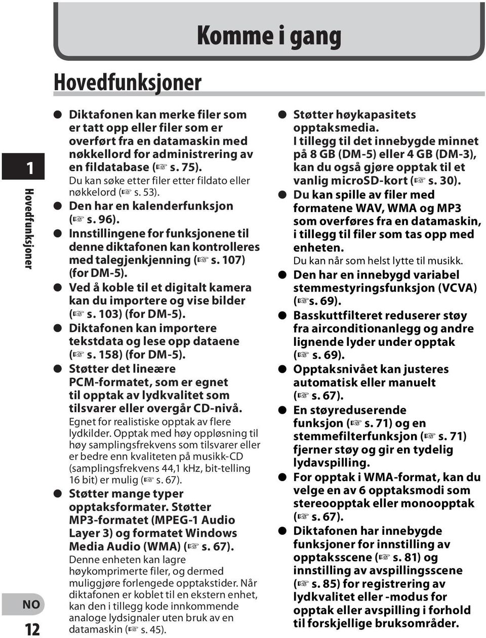 s Innstillingene for funksjonene til denne diktafonen kan kontrolleres med talegjenkjenning ( s. 107) (for DM-5). s Ved å koble til et digitalt kamera kan du importere og vise bilder ( s.