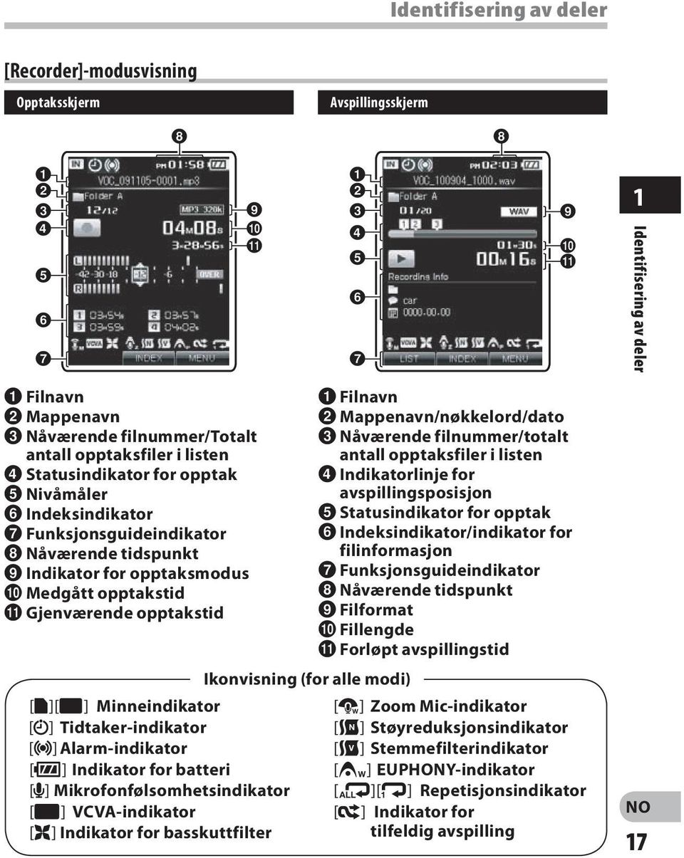 1 Identifisering av deler 1 Filnavn 2 Mappenavn 3 Nåværende filnummer/totalt antall opptaksfiler i listen 4 Statusindikator for opptak 5 Nivåmåler 6 Indeksindikator 7 Funksjonsguideindikator 8