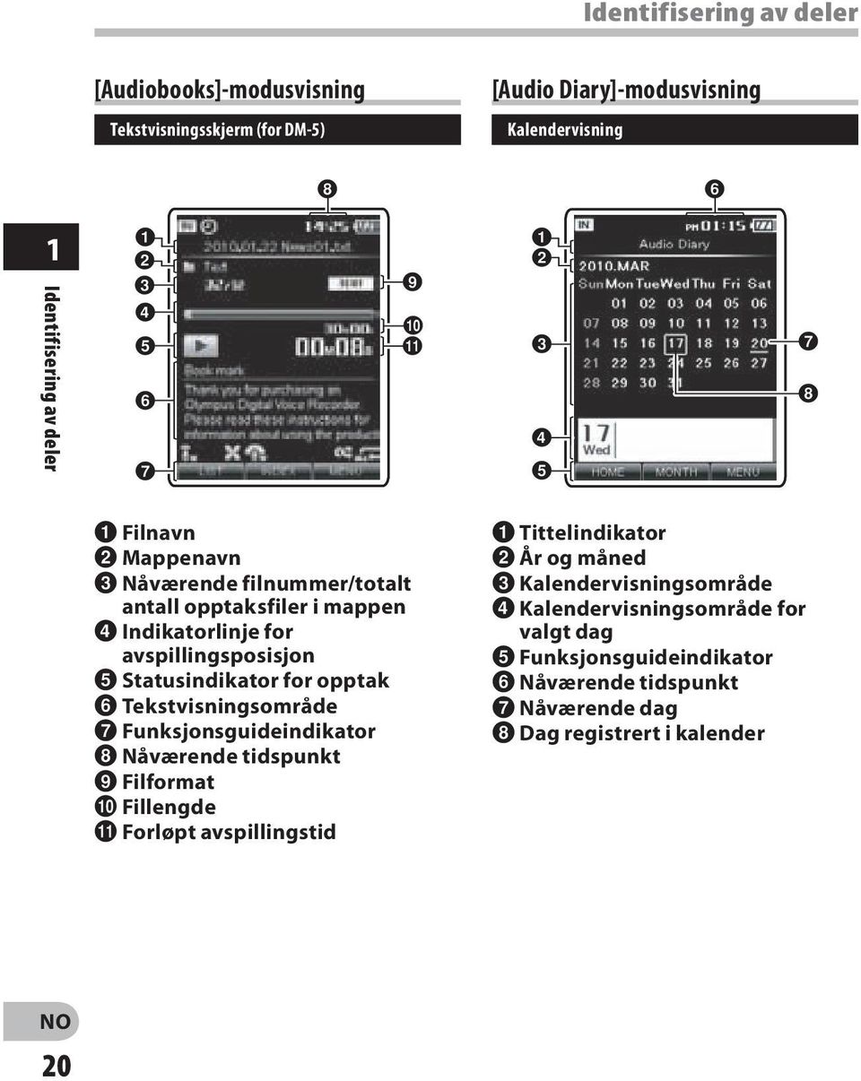 1 2 3 4 5 7 8 1 Filnavn 2 Mappenavn 3 Nåværende filnummer/totalt antall opptaksfiler i mappen 4 Indikatorlinje for avspillingsposisjon 5 Statusindikator for