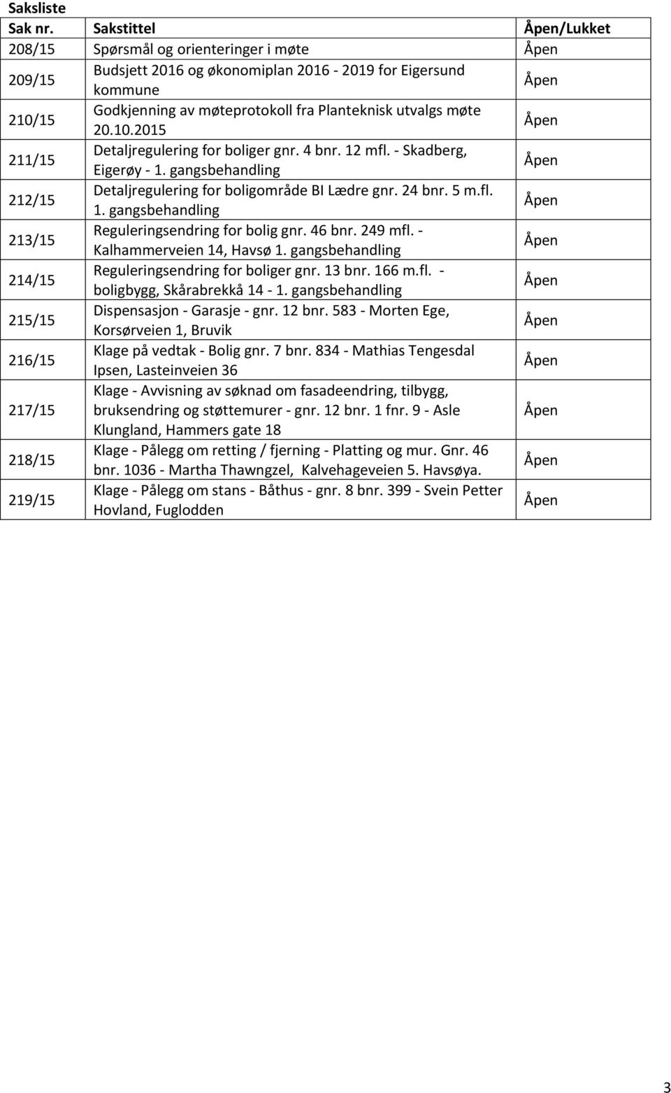 4 bnr. 12 mfl. - Skadberg, Eigerøy - 1. gangsbehandling 212/15 Detaljregulering for boligområde BI Lædre gnr. 24 bnr. 5 m.fl. 1. gangsbehandling 213/15 Reguleringsendring for bolig gnr. 46 bnr.