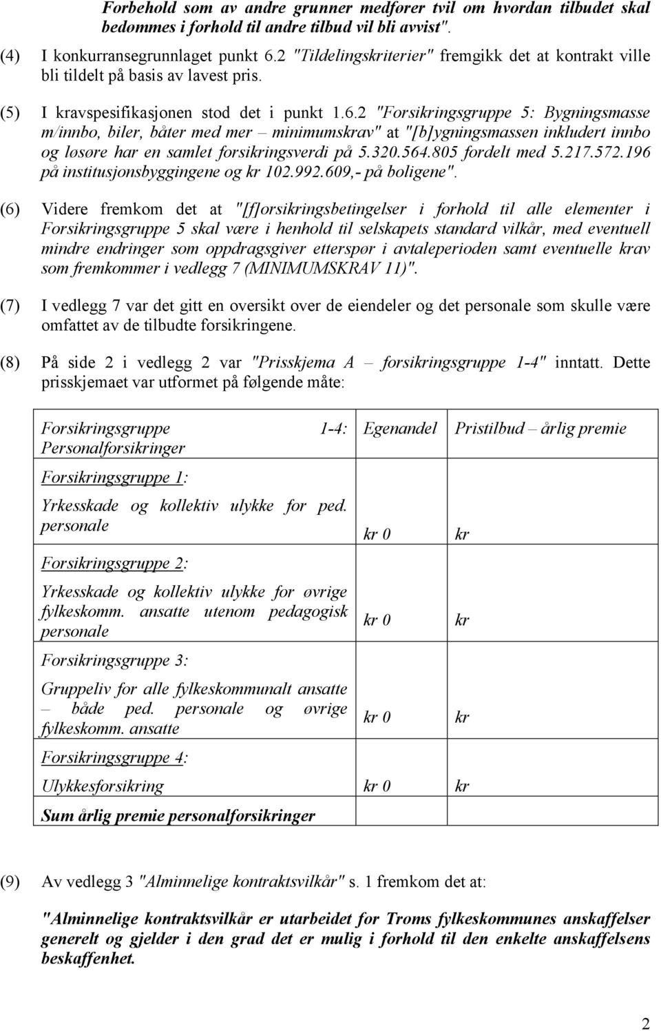 2 "Forsikringsgruppe 5: Bygningsmasse m/innbo, biler, båter med mer minimumskrav" at "[b]ygningsmassen inkludert innbo og løsøre har en samlet forsikringsverdi på 5.320.564.805 fordelt med 5.217.572.