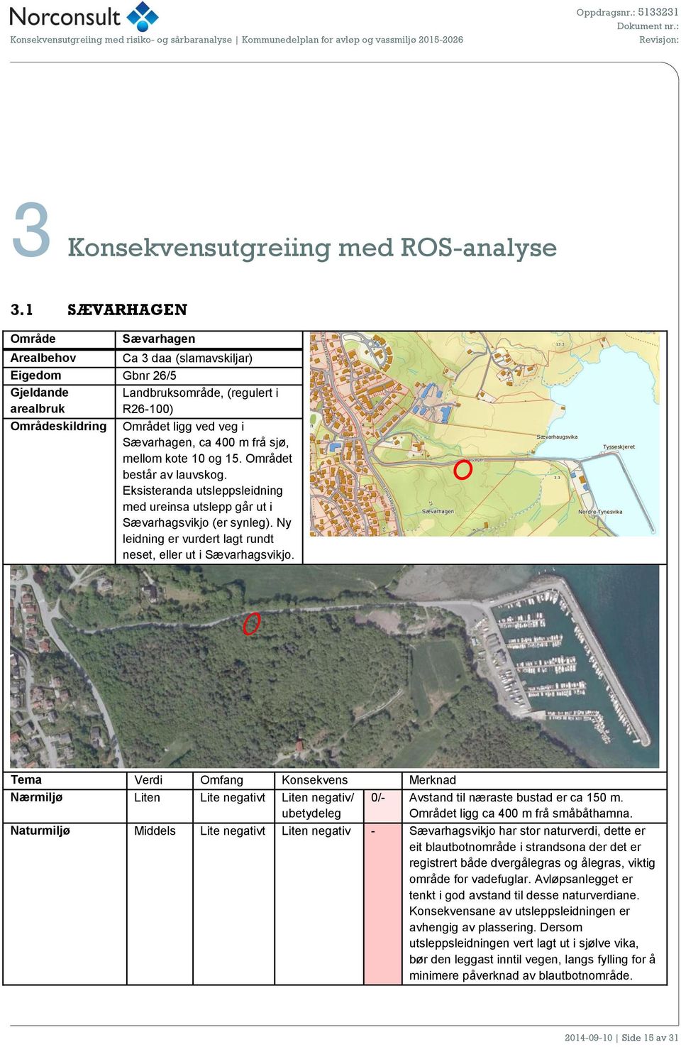 400 m frå sjø, mellom kote 10 og 15. Området består av lauvskog. Eksisteranda utsleppsleidning med ureinsa utslepp går ut i Sævarhagsvikjo (er synleg).