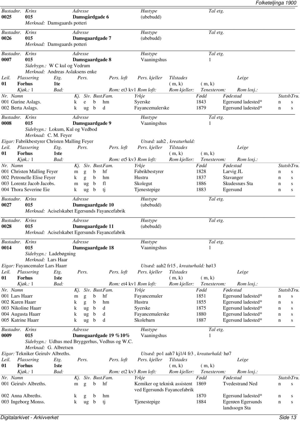 k e b hm Syerske 1843 Egersund n s 002 Berta Aslags. k ug b d Fayancemalerske 1879 Egersund n s 0008 015 Damsgaardgade 9 Vaaningshus 1 Sidebygn.: Lokum, Kul og Vedbod Me