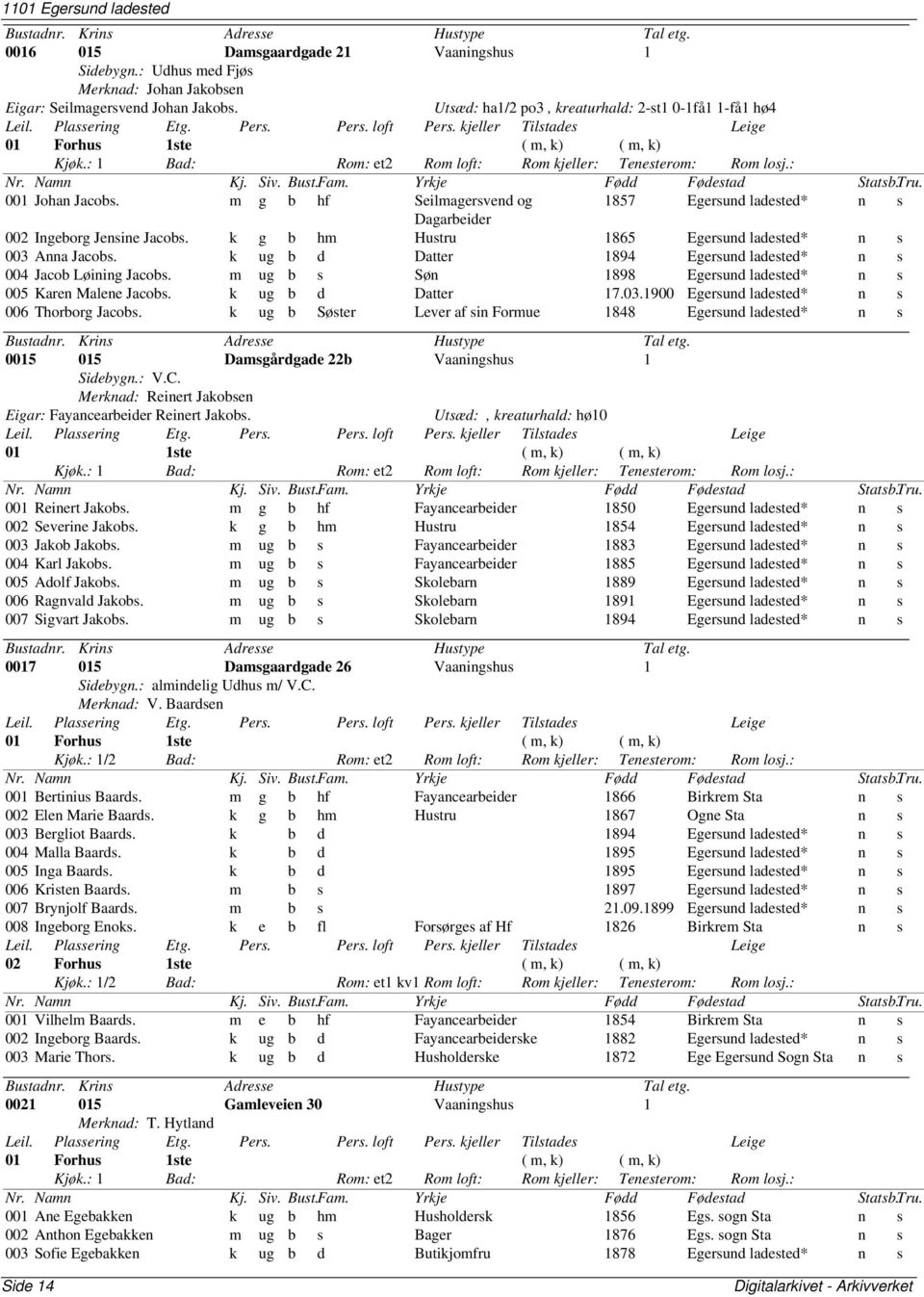 m g b hf Seilmagersvend og 1857 Egersund n s Dagarbeider 002 Ingeborg Jensine Jacobs. k g b hm Hustru 1865 Egersund n s 003 Anna Jacobs. k ug b d Datter 1894 Egersund n s 004 Jacob Løining Jacobs.