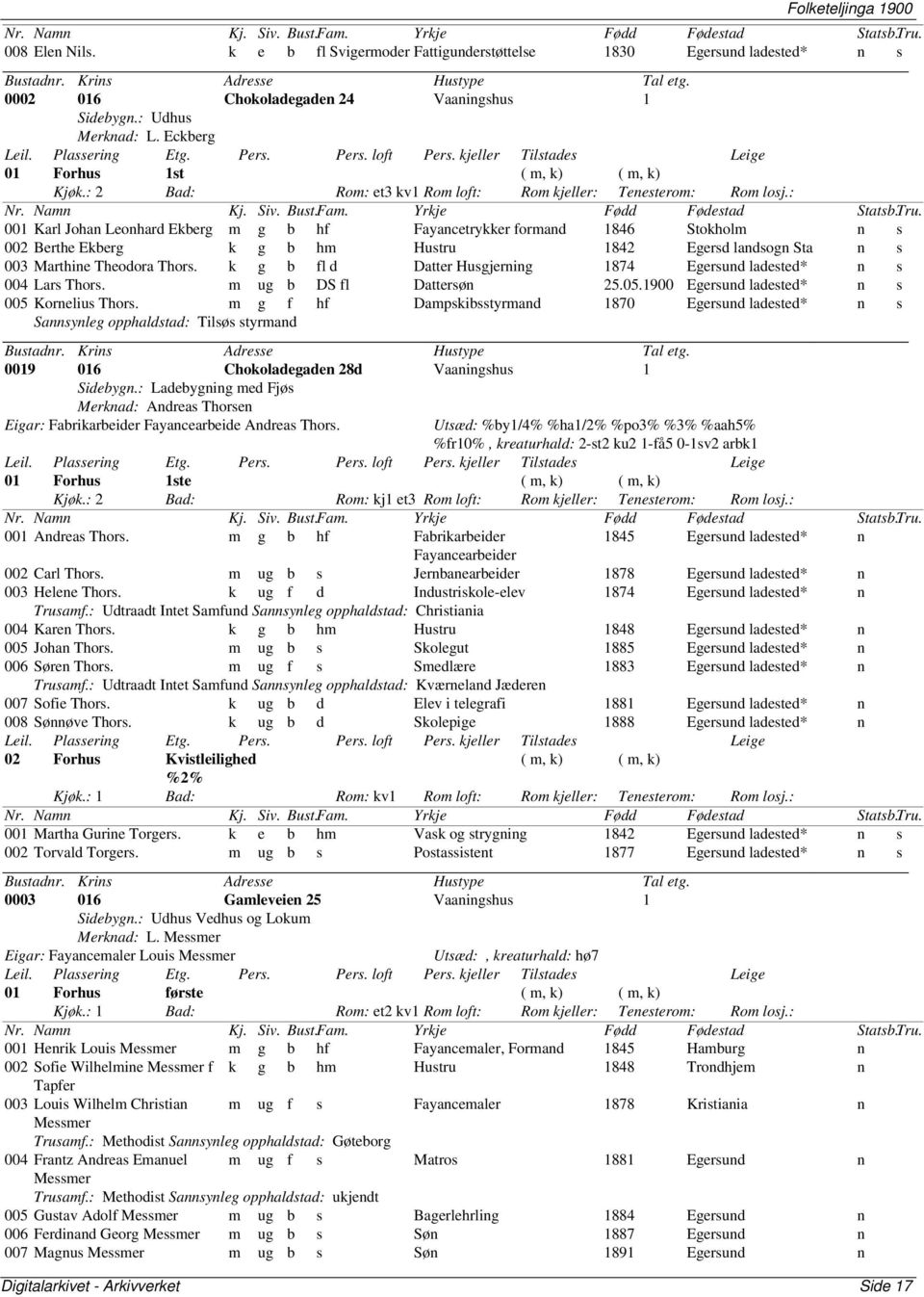 : 001 Karl Johan Leonhard Ekberg m g b hf Fayancetrykker formand 1846 Stokholm n s 002 Berthe Ekberg k g b hm Hustru 1842 Egersd landsogn n s 003 Marthine Theodora Thors.