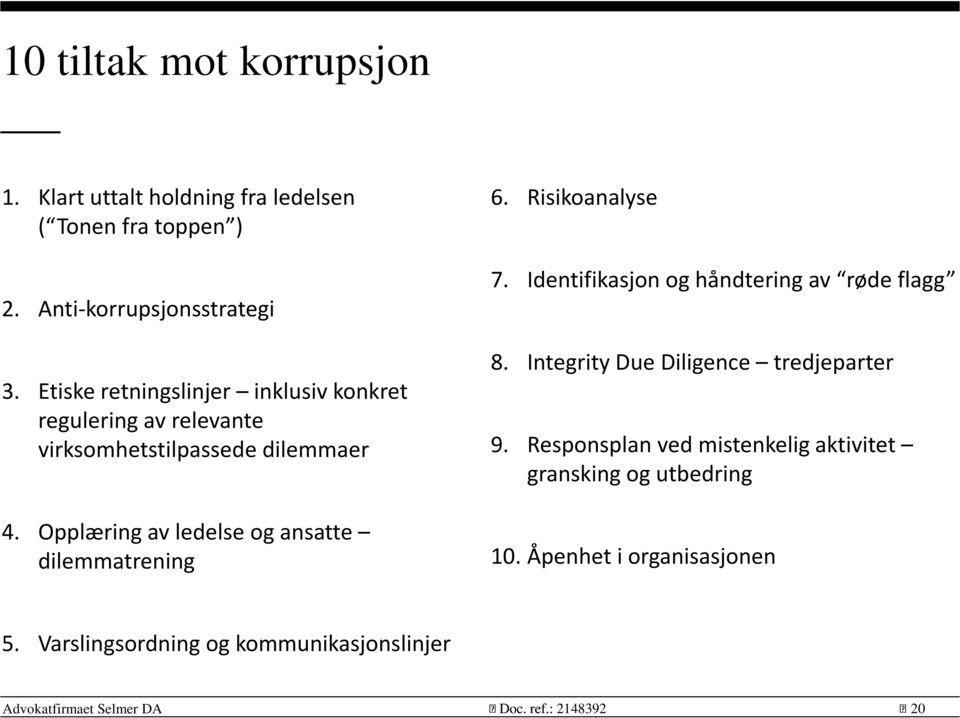 Opplæring av ledelse og ansatte dilemmatrening 6. Risikoanalyse 7. Identifikasjon og håndtering av røde flagg 8.