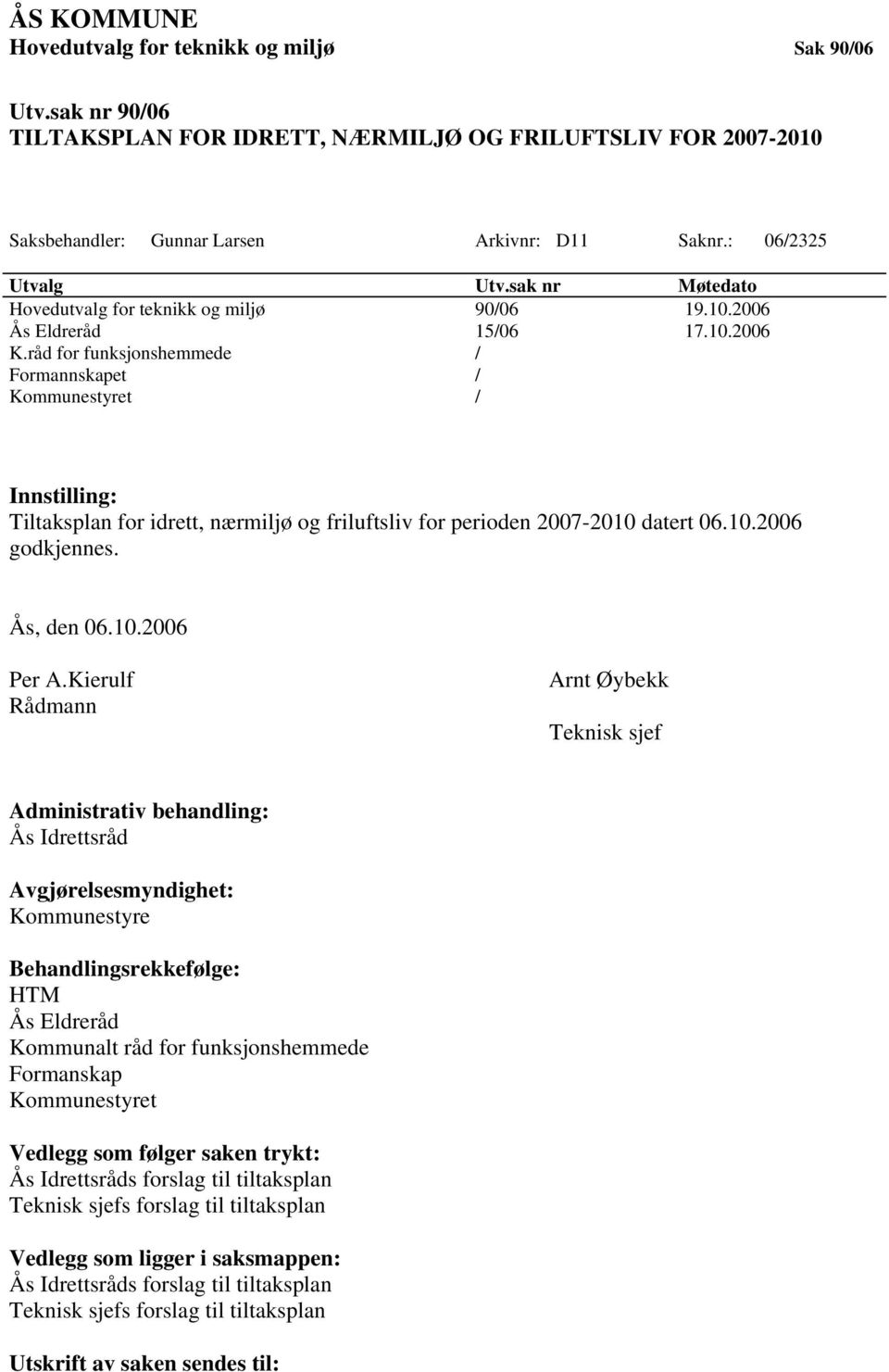 råd for funksjonshemmede / Formannskapet / Kommunestyret / Innstilling: Tiltaksplan for idrett, nærmiljø og friluftsliv for perioden 2007-2010 datert 06.10.2006 godkjennes. Ås, den 06.10.2006 Per A.