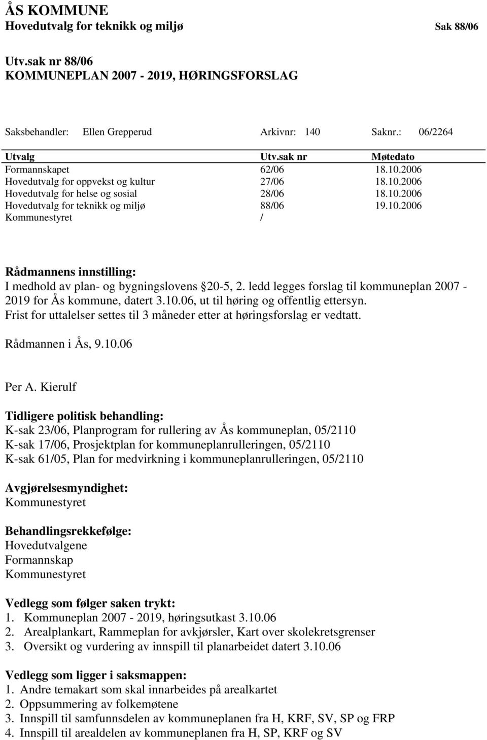 ledd legges forslag til kommuneplan 2007-2019 for Ås kommune, datert 3.10.06, ut til høring og offentlig ettersyn. Frist for uttalelser settes til 3 måneder etter at høringsforslag er vedtatt.