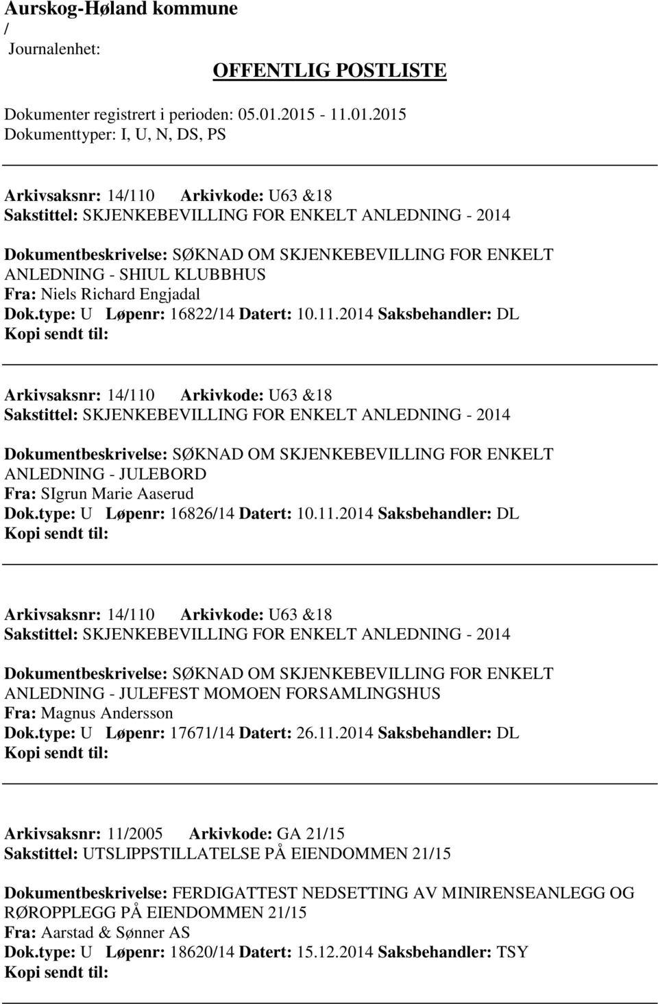 2014 Saksbehandler: DL Arkivsaksnr: 14110 Arkivkode: U63 &18 Sakstittel: SKJENKEBEVILLING FOR ENKELT ANLEDNING - 2014 Dokumentbeskrivelse: SØKNAD OM SKJENKEBEVILLING FOR ENKELT ANLEDNING - JULEBORD