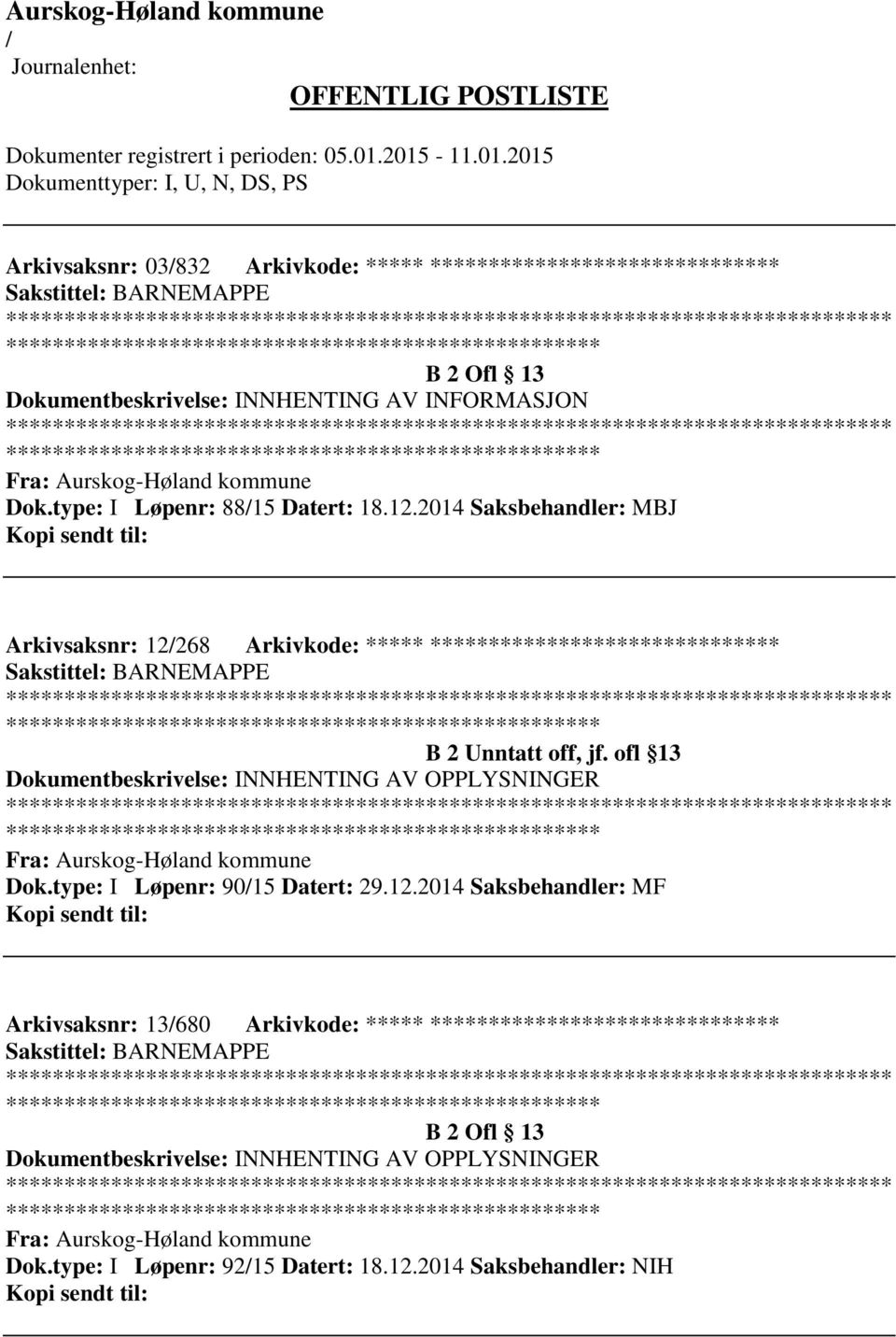 ofl 13 Dokumentbeskrivelse: INNHENTING AV OPPLYSNINGER ************************* Fra: Aurskog-Høland kommune Dok.type: I Løpenr: 9015 Datert: 29.12.