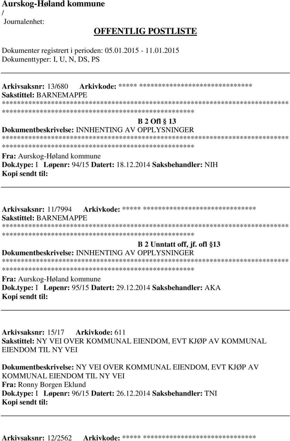 ofl 13 Dokumentbeskrivelse: INNHENTING AV OPPLYSNINGER ************************* Fra: Aurskog-Høland kommune Dok.type: I Løpenr: 9515 Datert: 29.12.