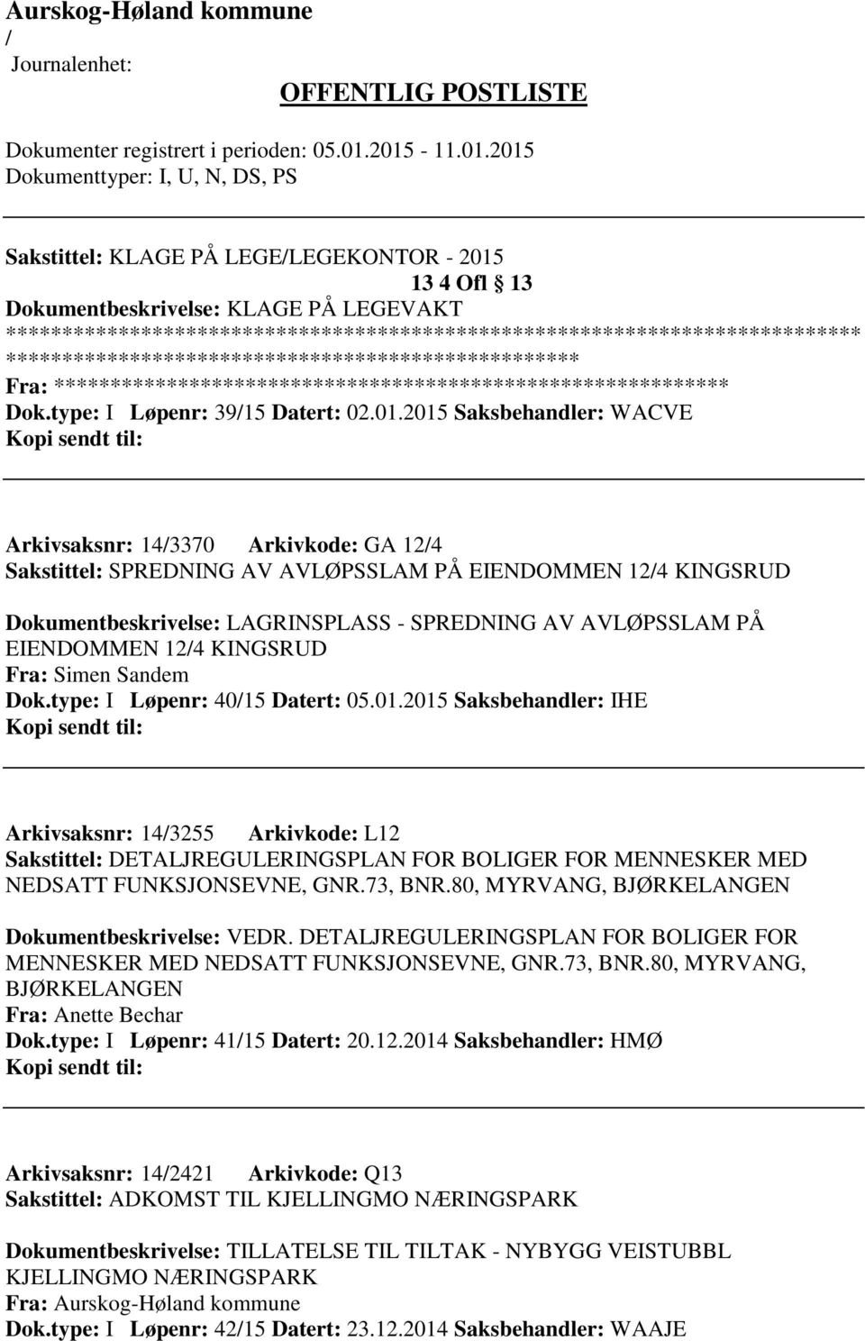 2015 Saksbehandler: WACVE Arkivsaksnr: 143370 Arkivkode: GA 124 Sakstittel: SPREDNING AV AVLØPSSLAM PÅ EIENDOMMEN 124 KINGSRUD Dokumentbeskrivelse: LAGRINSPLASS - SPREDNING AV AVLØPSSLAM PÅ