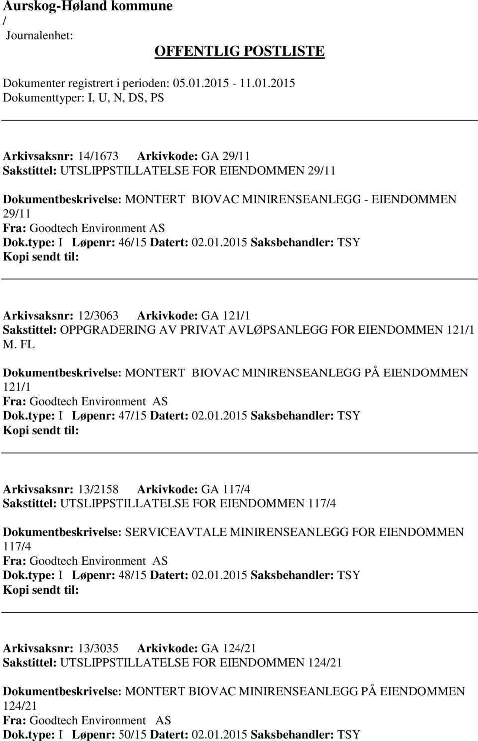 FL Dokumentbeskrivelse: MONTERT BIOVAC MINIRENSEANLEGG PÅ EIENDOMMEN 1211 Fra: Goodtech Environment AS Dok.type: I Løpenr: 4715 Datert: 02.01.