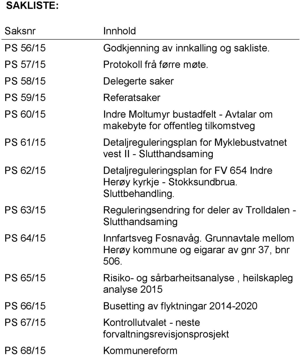 for FV 654 Indre Herøy kyrkje - Stokksundbrua. Sluttbehandling. PS 63/15 Reguleringsendring for deler av Trolldalen - Slutthandsaming PS 64/15 PS 65/15 Innfartsveg Fosnavåg.