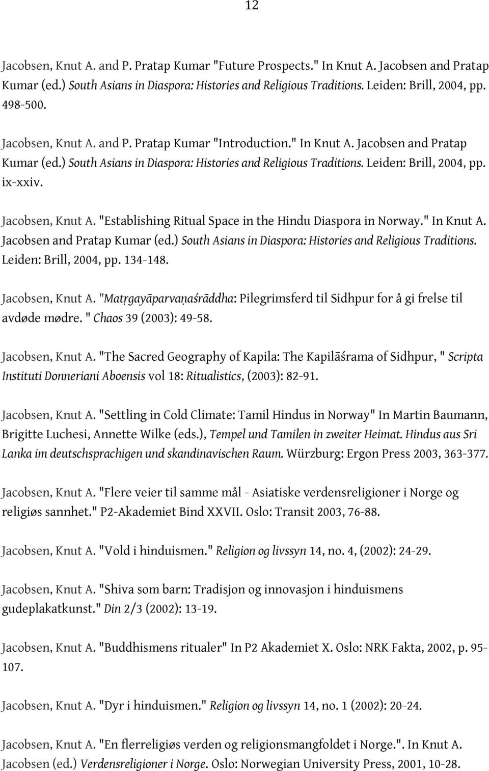 Jacobsen, Knut A. "Establishing Ritual Space in the Hindu Diaspora in Norway." In Knut A. Jacobsen and Pratap Kumar (ed.) South Asians in Diaspora: Histories and Religious Traditions.