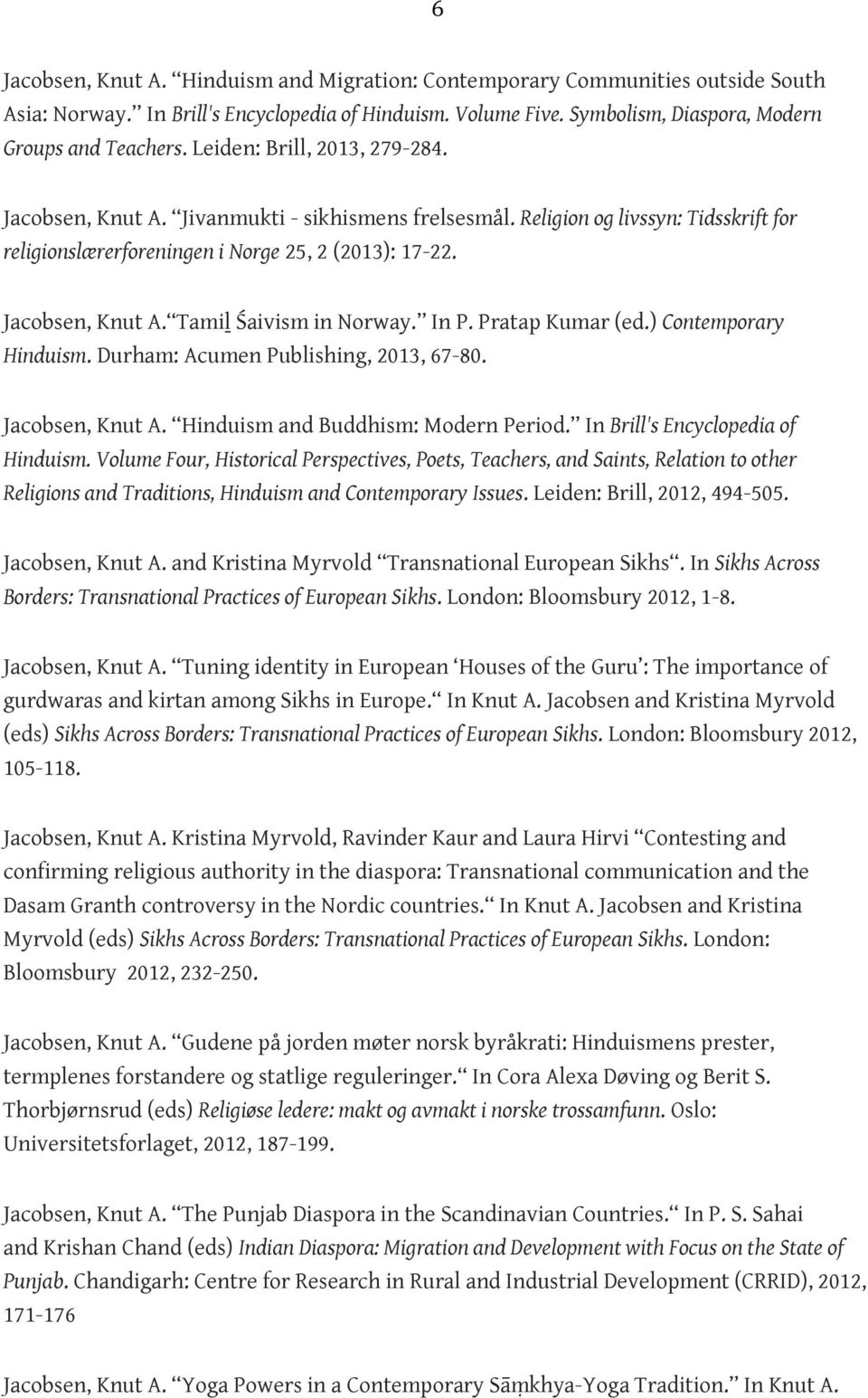 In P. Pratap Kumar (ed.) Contemporary Hinduism. Durham: Acumen Publishing, 2013, 67-80. Jacobsen, Knut A. Hinduism and Buddhism: Modern Period. In Brill's Encyclopedia of Hinduism.