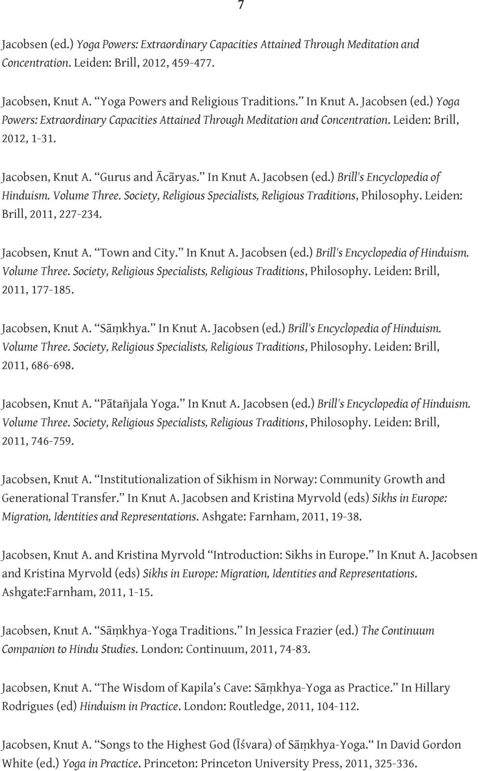 ) Brill's Encyclopedia of Hinduism. Volume Three. Society, Religious Specialists, Religious Traditions, Philosophy. Leiden: Brill, 2011, 227-234. Jacobsen, Knut A. Town and City. In Knut A.