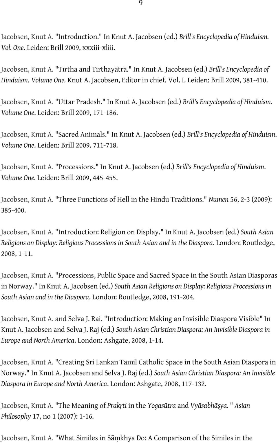 Leiden: Brill 2009, 171-186. Jacobsen, Knut A. "Sacred Animals." In Knut A. Jacobsen (ed.) Brill's Encyclopedia of Hinduism. Volume One. Leiden: Brill 2009. 711-718. Jacobsen, Knut A. "Processions.