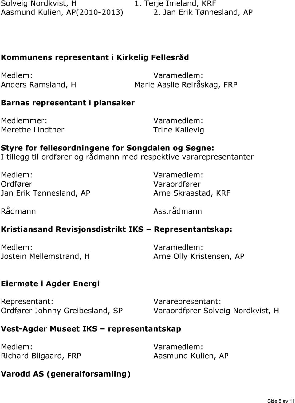 fellesordningene for Songdalen og Søgne: I tillegg til ordfører og rådmann med respektive vararepresentanter Ordfører Jan Erik Tønnesland, AP Rådmann Varaordfører Ass.