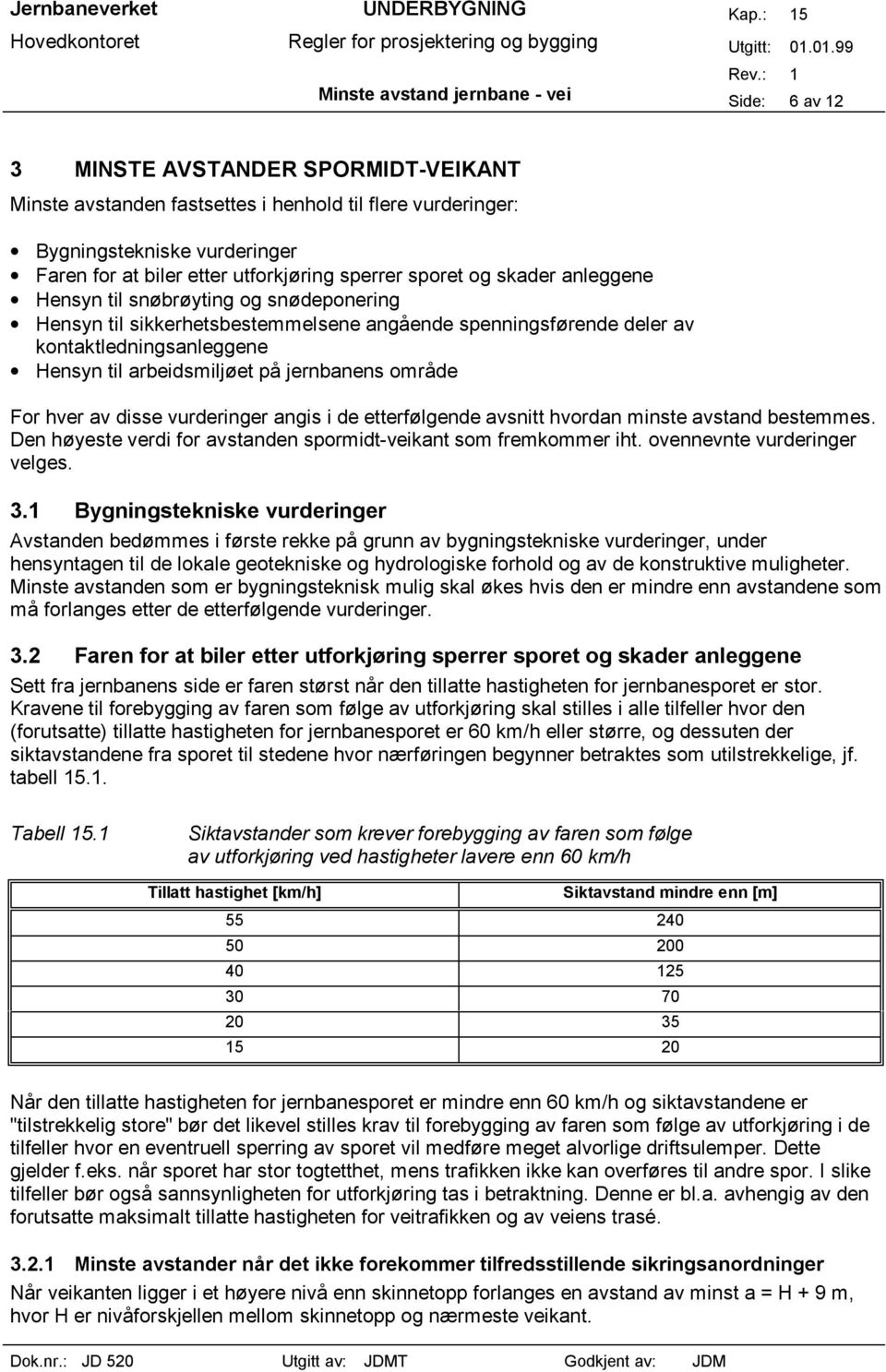 arbeidsmiljøet på jernbanens område For hver av disse vurderinger angis i de etterfølgende avsnitt hvordan minste avstand bestemmes.