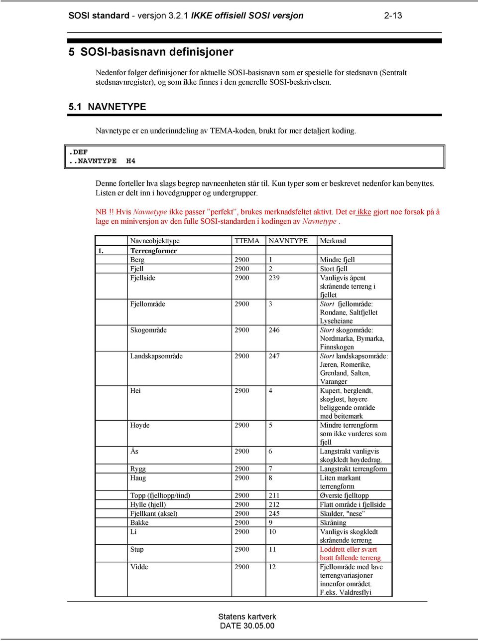 finnes i den generelle SOSI-beskrivelsen. 5.1 NAVNETYPE Navnetype er en underinndeling av TEMA-koden, brukt for mer detaljert koding..def.