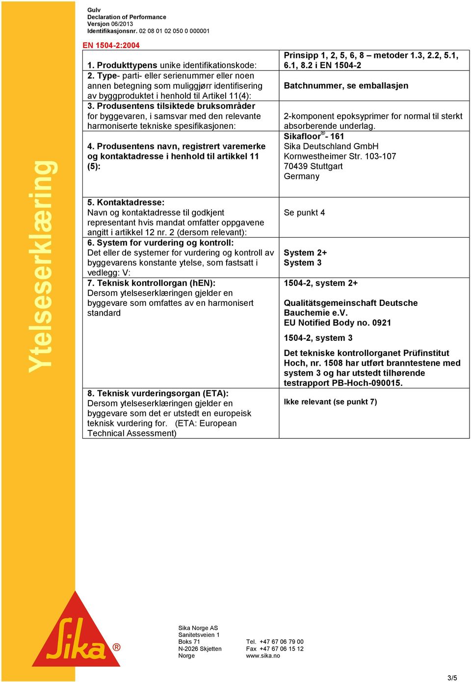 Produsentens navn, registrert varemerke og kontaktadresse i henhold til artikkel 11 (: Prinsipp 1, 2, 5, 6, 8 metoder 1.3, 2.2, 5.1, 6.1, 8.