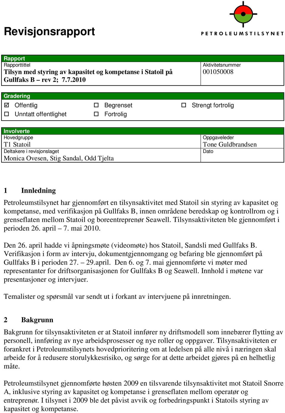 Sandal, Odd Tjelta Oppgaveleder Tone Guldbrandsen Dato 1 Innledning Petroleumstilsynet har gjennomført en tilsynsaktivitet med Statoil sin styring av kapasitet og kompetanse, med verifikasjon på