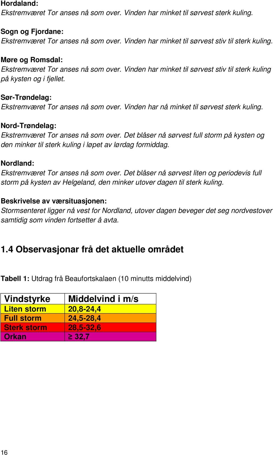 Vinden har nå minket til sørvest sterk kuling. Nord-Trøndelag: Ekstremværet Tor anses nå som over.