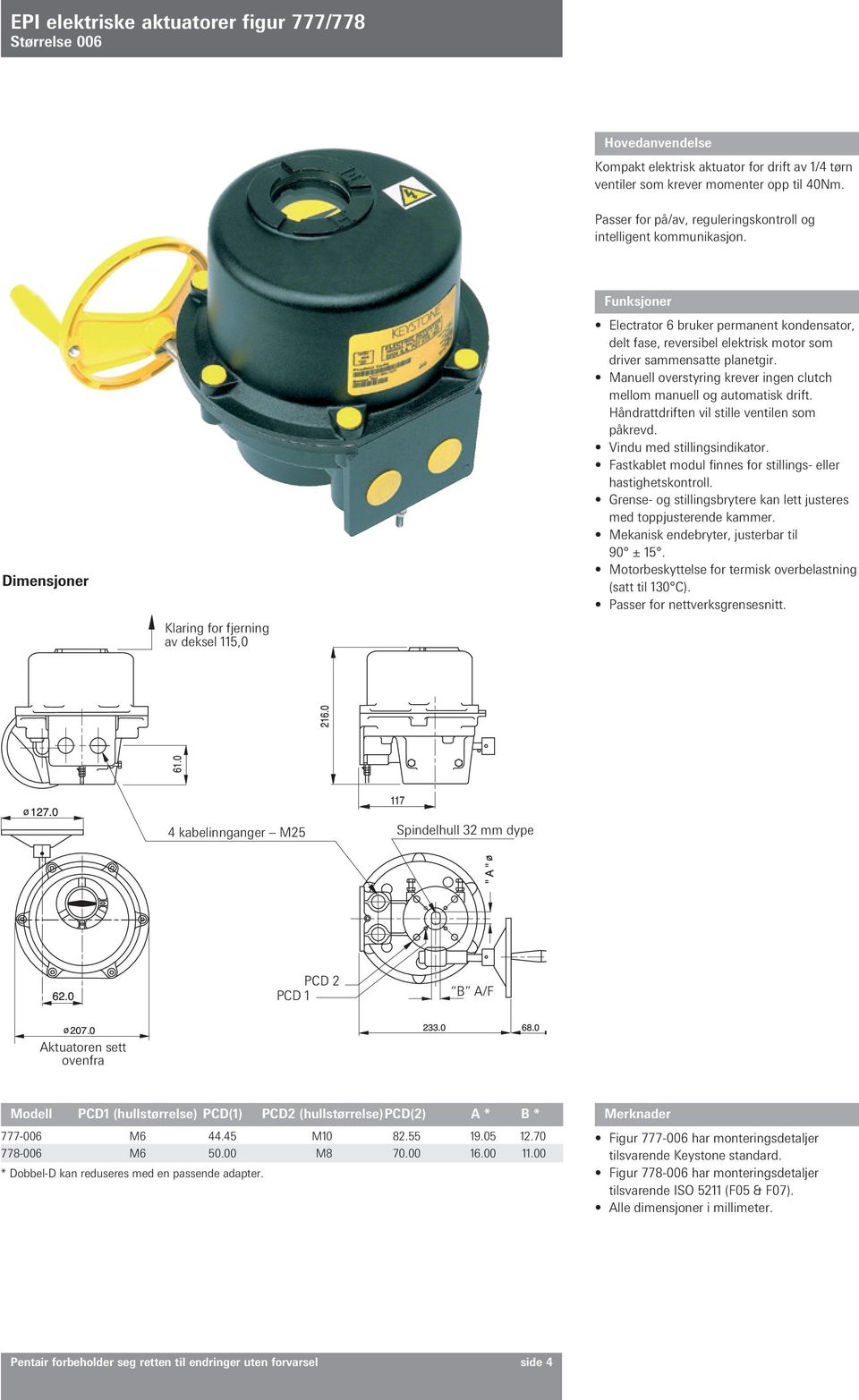 Manuell overstyring krever ingen clutch mellom manuell og automatisk drift. Håndrattdriften vil stille ventilen som påkrevd. Vindu med stillingsindikator.