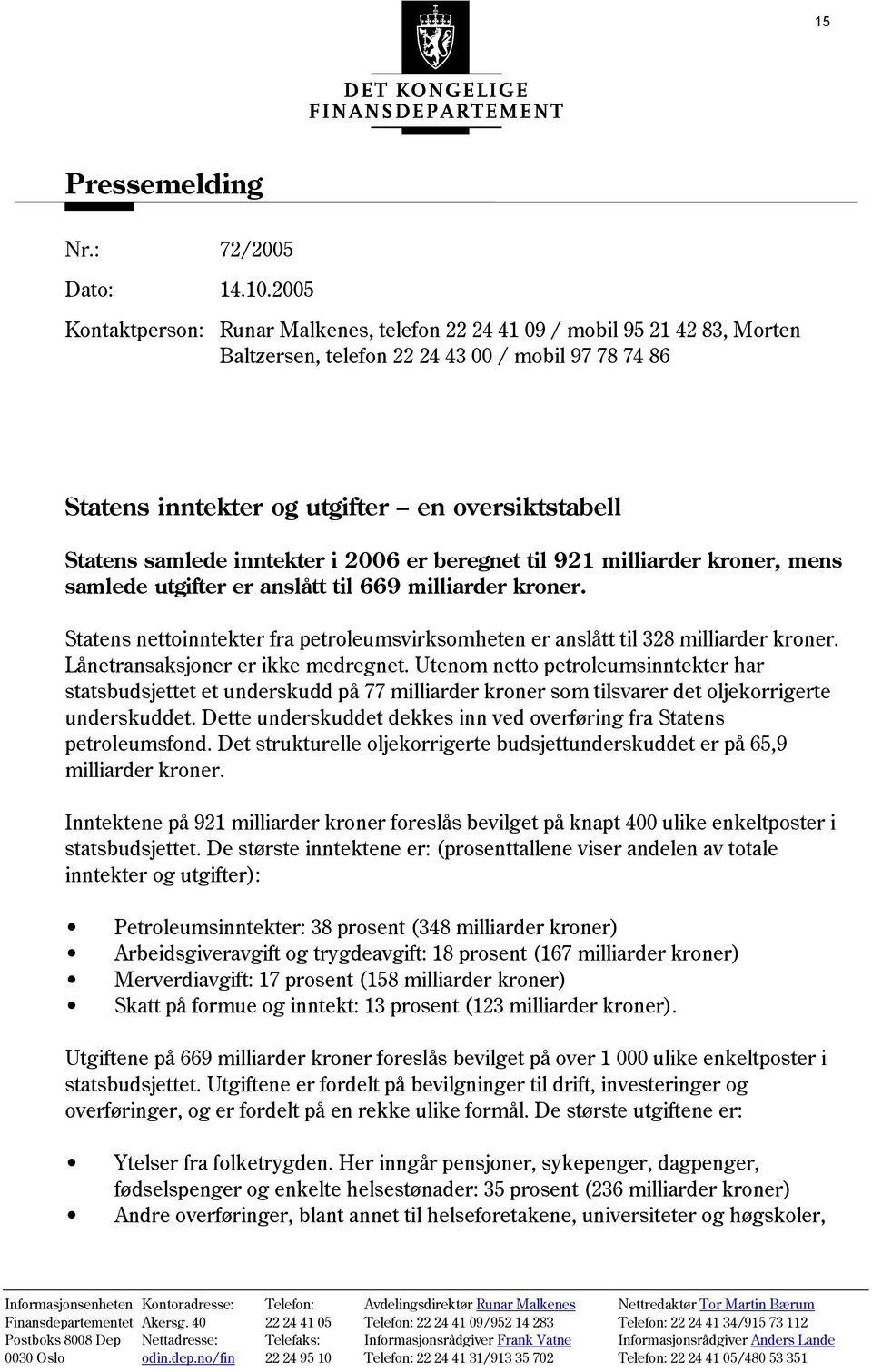 samlede inntekter i 2006 er beregnet til 921 milliarder kroner, mens samlede utgifter er anslått til 669 milliarder kroner.