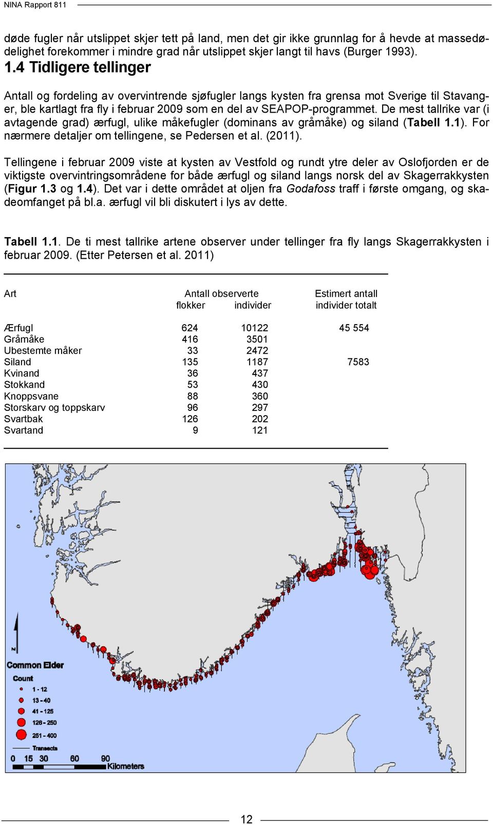 De mest tallrike var (i avtagende grad) ærfugl, ulike måkefugler (dominans av gråmåke) og siland (Tabell 1.1). For nærmere detaljer om tellingene, se Pedersen et al. (2011).