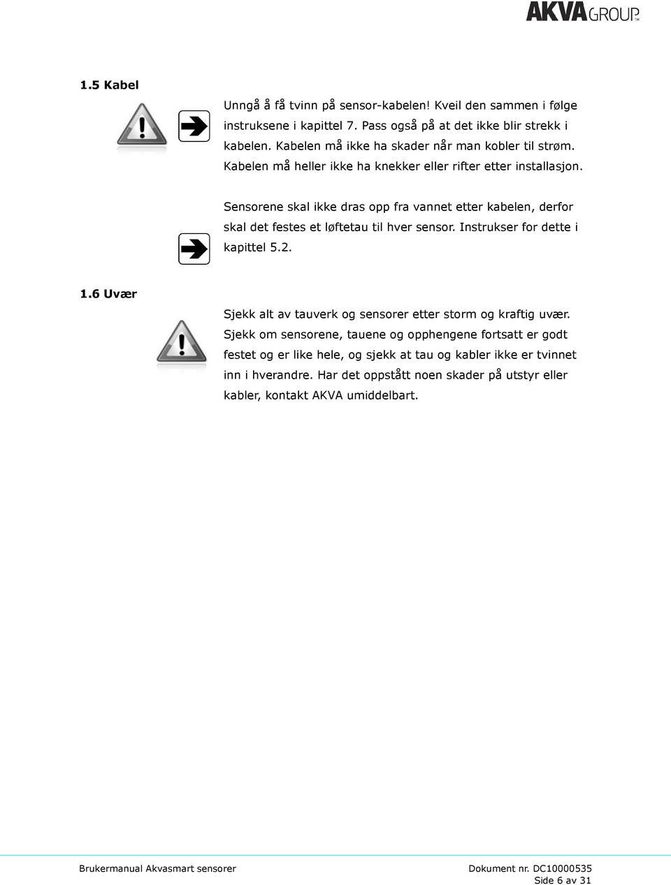 Sensorene skal ikke dras opp fra vannet etter kabelen, derfor skal det festes et løftetau til hver sensor. Instrukser for dette i kapittel 5.2. 1.