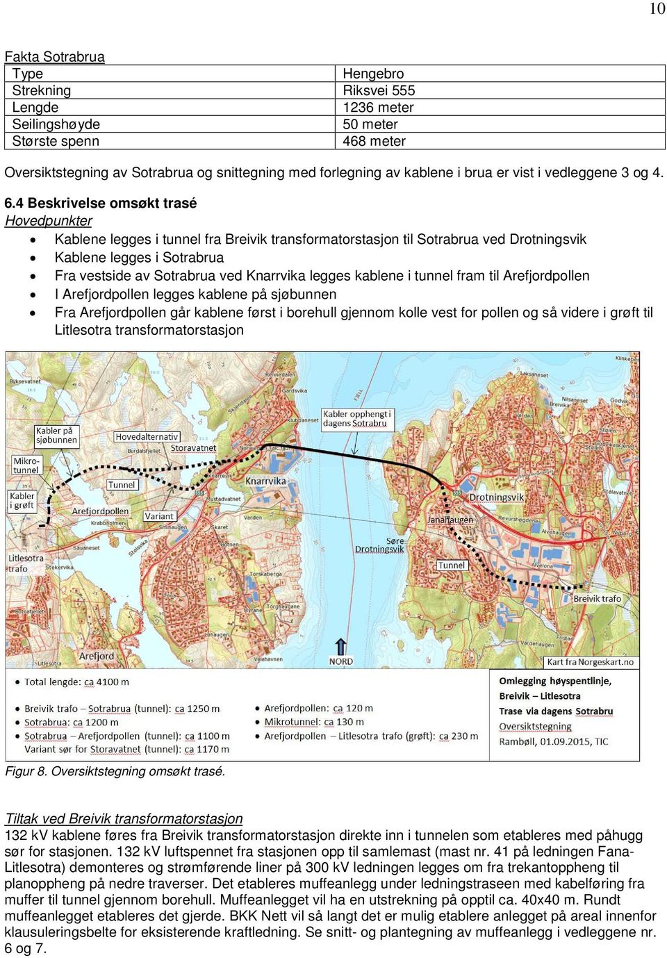 4 Beskrivelse omsøkt trasé Hovedpunkter Kablene legges i tunnel fra Breivik transformatorstasjon til Sotrabrua ved Drotningsvik Kablene legges i Sotrabrua Fra vestside av Sotrabrua ved Knarrvika