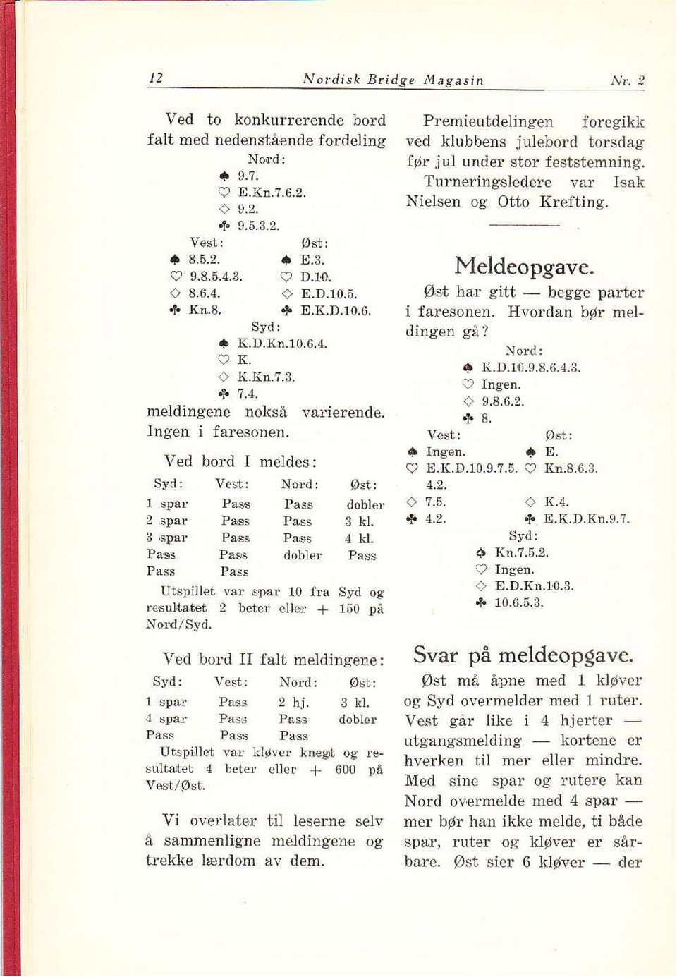 Tur"neringsledeye r'år Isak Nielsen og Otto Krefting. Meldeopgave. Øst ha.r gitt - begge parter i fareson n. H1'ordan bør meldinser så? I 4,2.??.5, * 4.2. a It.D.10.9.8.6.4.3, 9,8,6,2, 8. fe.