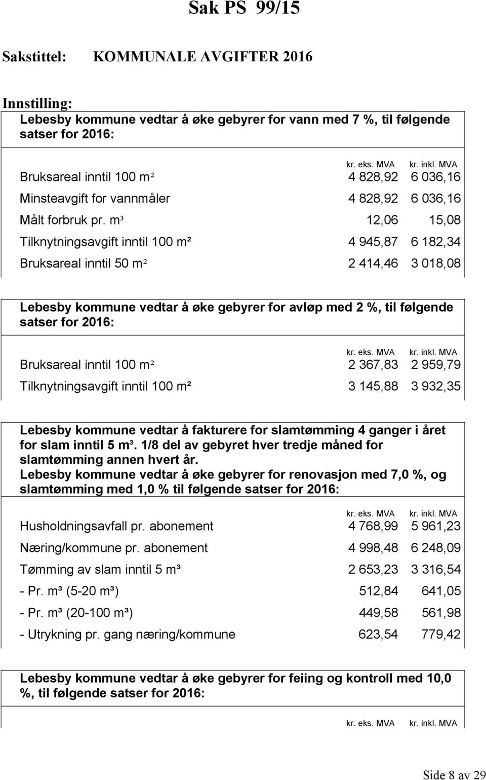 m³ 12,06 15,08 Tilknytningsavgift inntil 100 m² 4 945,87 6 182,34 Bruksareal inntil 50 m² 2 414,46 3 018,08 Lebesby kommune vedtar å øke gebyrer for avløp med 2 %, til følgende satser for 2016: kr.